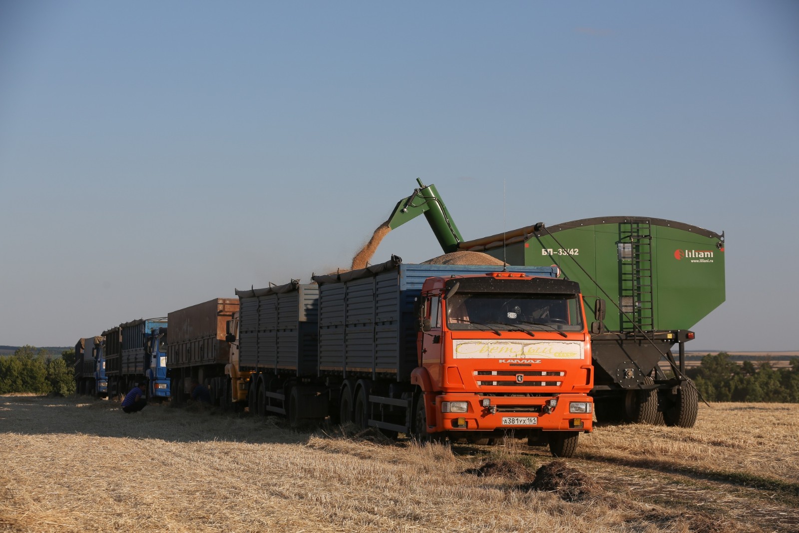在俄罗斯农场在俄罗斯罗斯托夫外的Kamenka村庄的夏季收获期间，小麦籽粒被装载到货车上摄影师：Andrey Rudakov彭博社.jpg