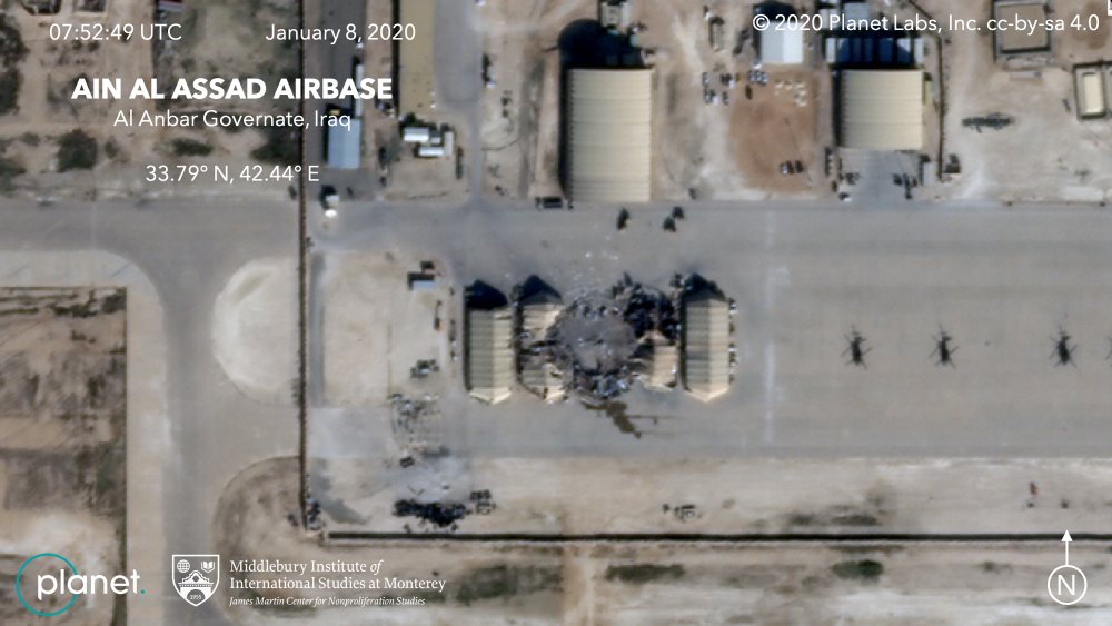 由米德伯里国际研究学院和Planet Labs Inc.在2020年1月8日星期三提供的卫星图像显示了伊拉克对伊拉克Ain al-Asad空军基地的导弹袭击造成的损害。伊朗的行动是对美国杀害革命卫队将军卡西姆·索莱马尼.jpeg