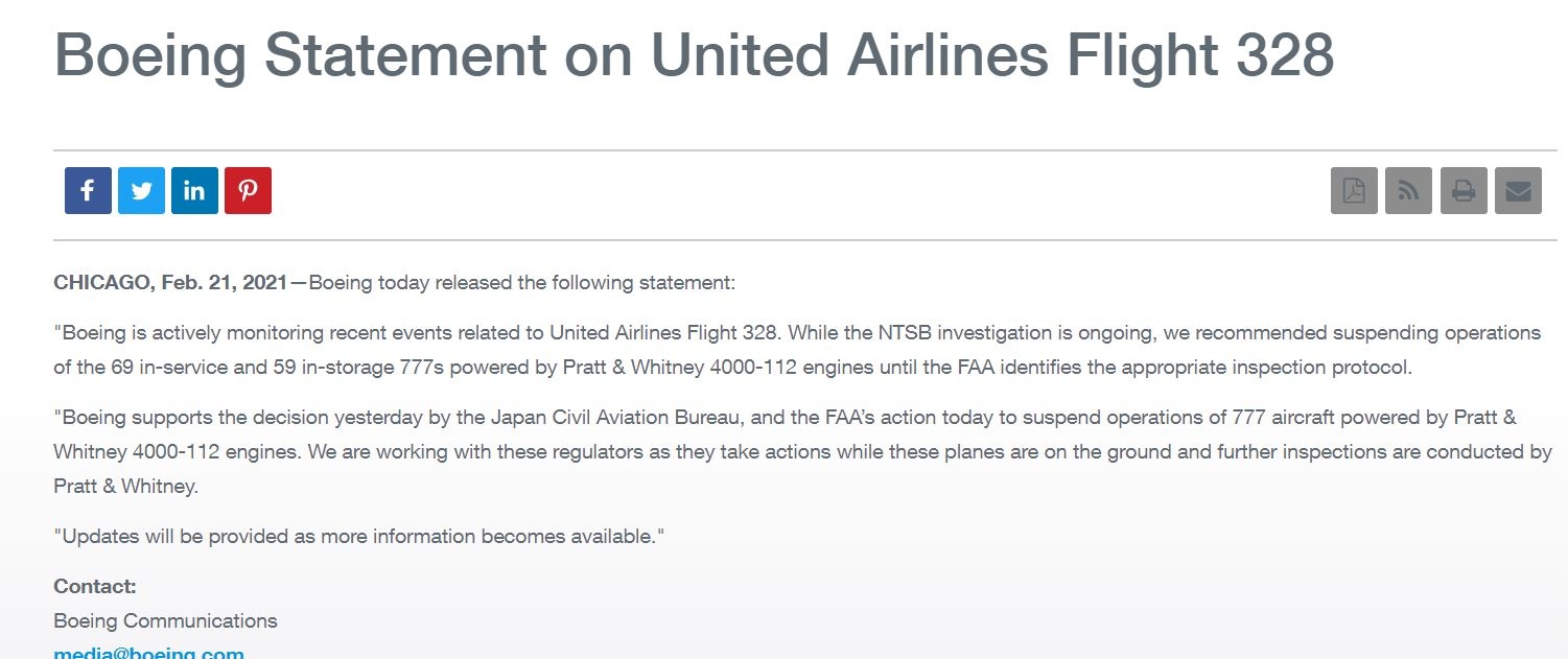波音公司发布声明建议停飞有安全风险的777-200型号飞机。（图源：波音官网）.jpg